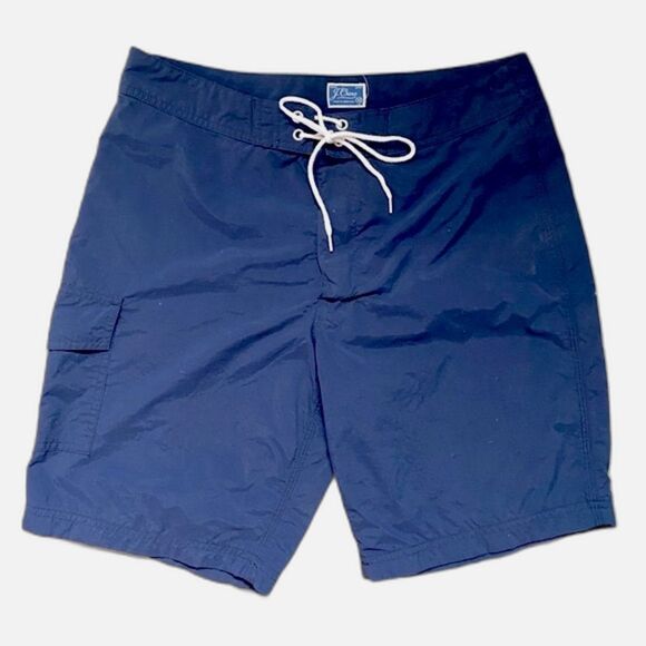 J. CREW Men's 9" Long Board Shorts Size 30" Mesh Lined Swim Beach Navy Blue Tie - Picture 2 of 7
